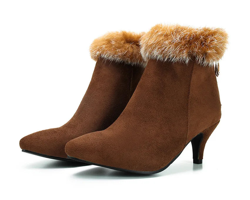 Women's Suede Fur-Trim Kitten Heel Boots - Brown