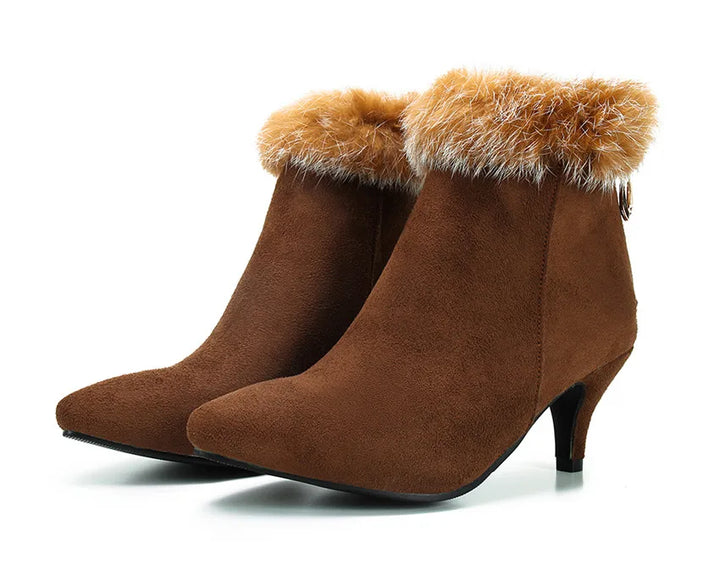 Women's Suede Fur-Trim Kitten Heel Boots - Brown