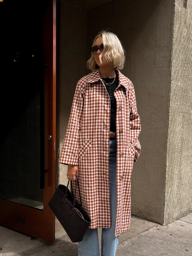 Women's Long Single-Breasted Gingham Trench Coat