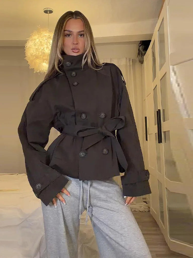 Women's Cropped Stand Collar Trench Coat