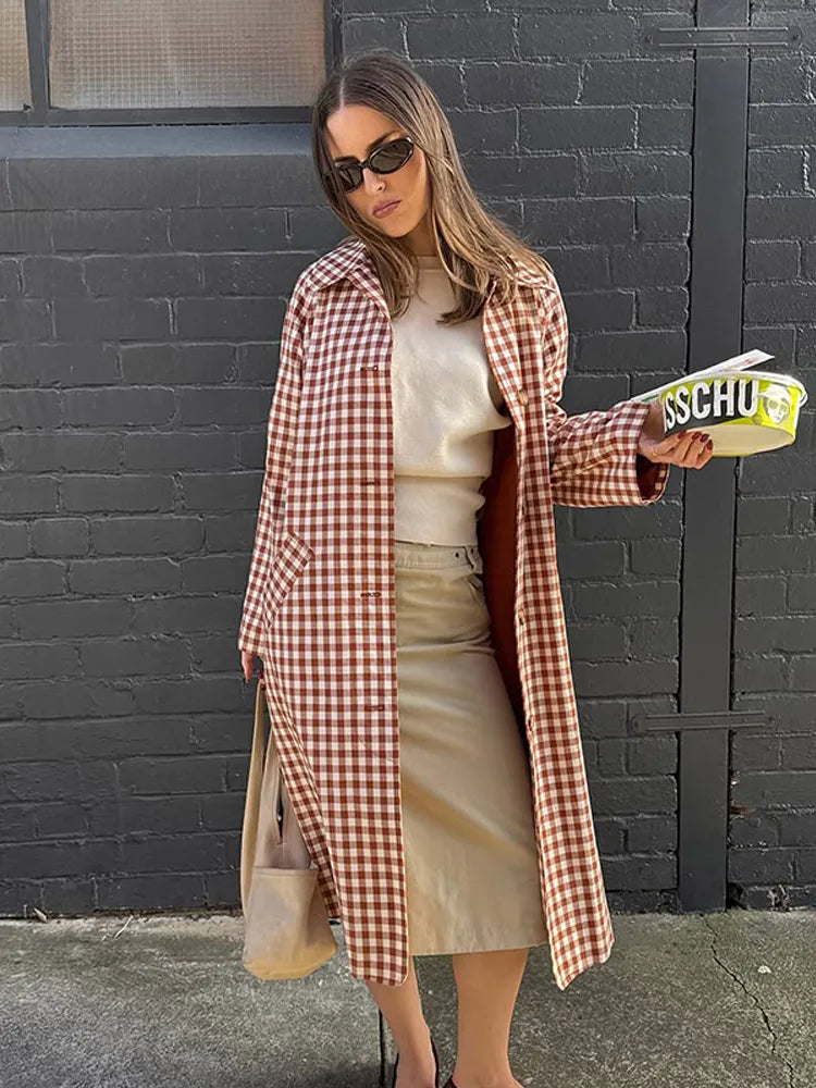 Women's Long Single-Breasted Gingham Trench Coat