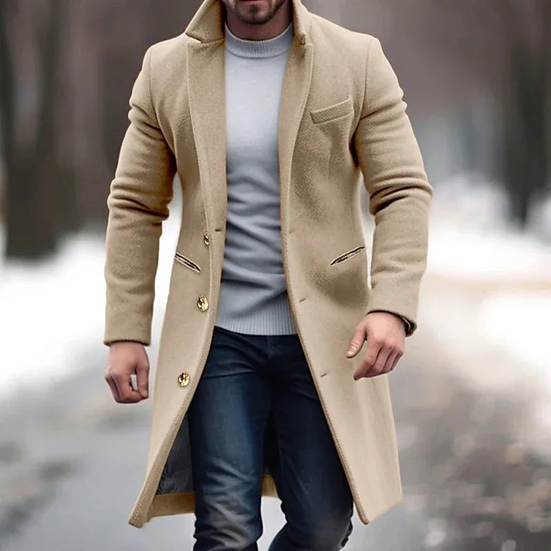 Men's Fitted Wool Long Peacoat - Khaki