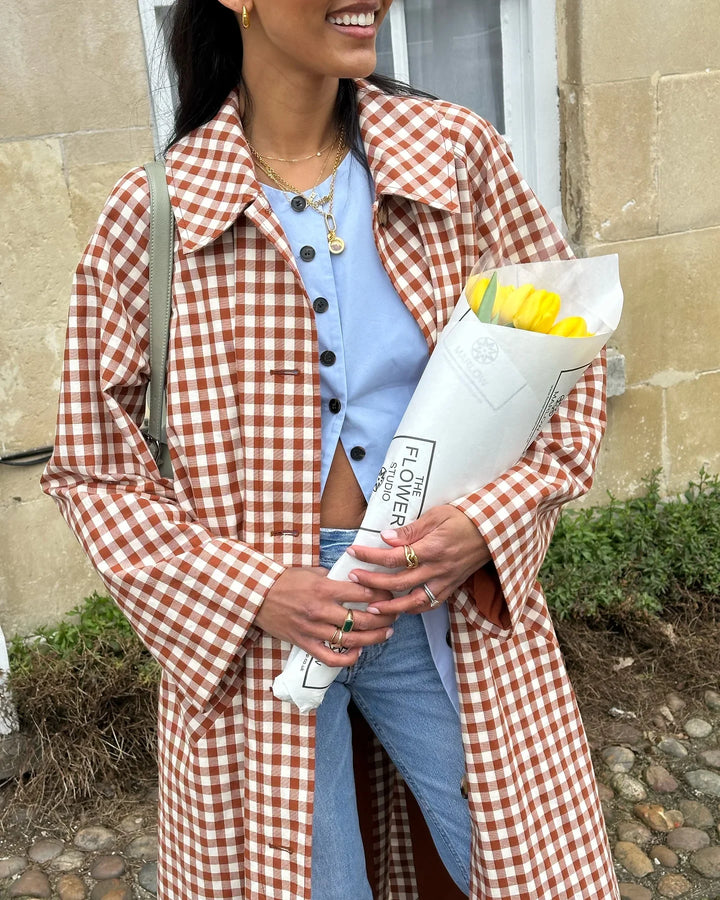 Women's Long Single-Breasted Gingham Trench Coat