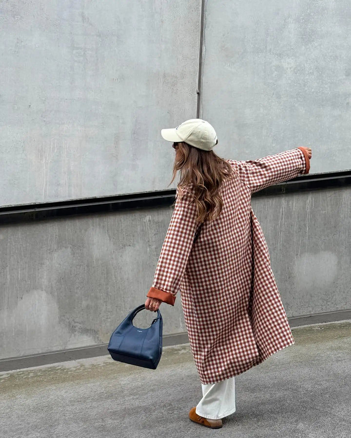 Women's Long Single-Breasted Gingham Trench Coat
