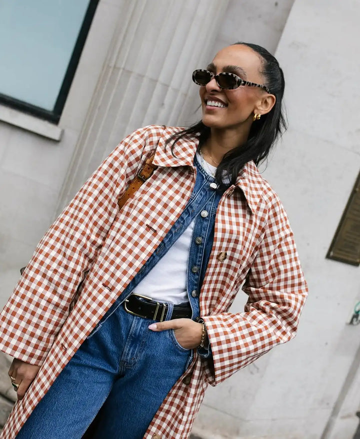 Women's Long Single-Breasted Gingham Trench Coat