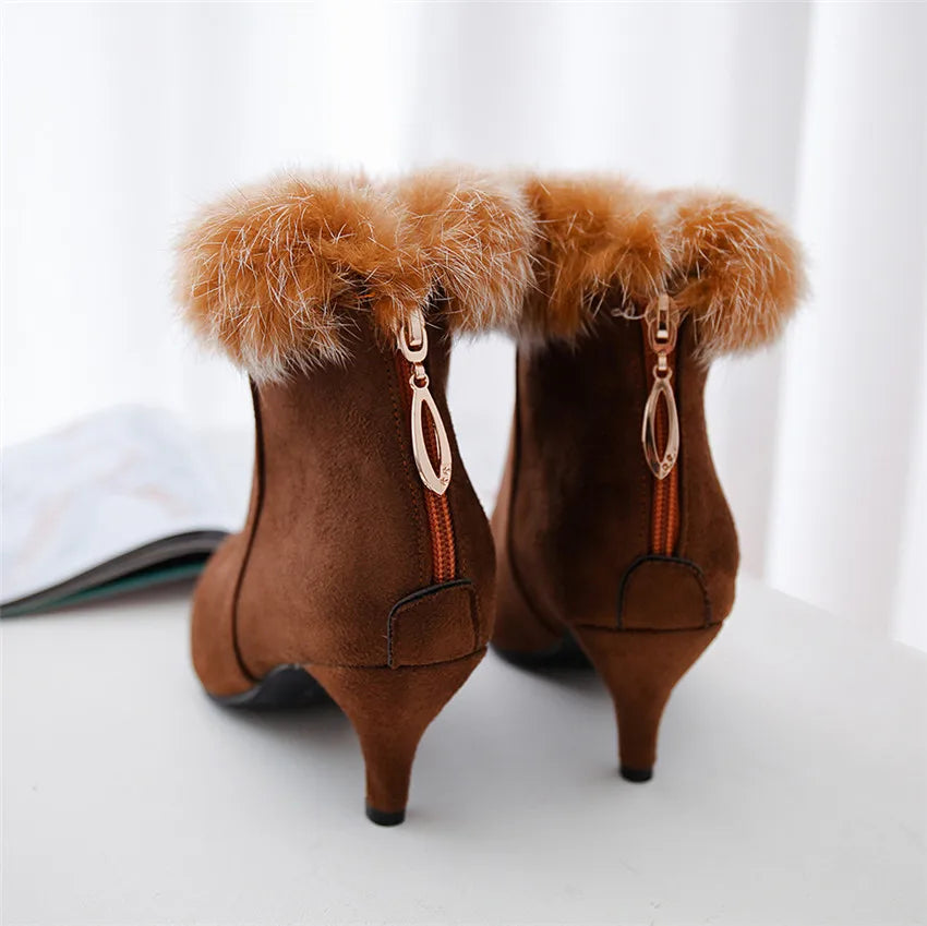 Women's Suede Fur-Trim Kitten Heel Boots