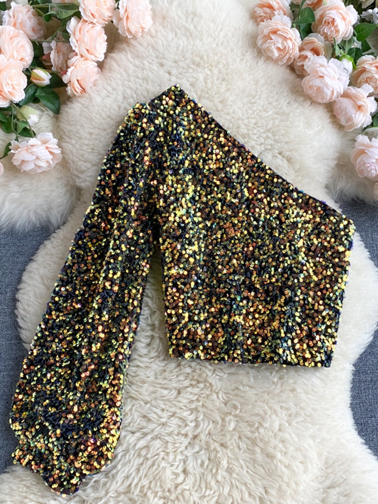 Long Sleeve Crop Sparkly Sequin Top - Blue-Gold