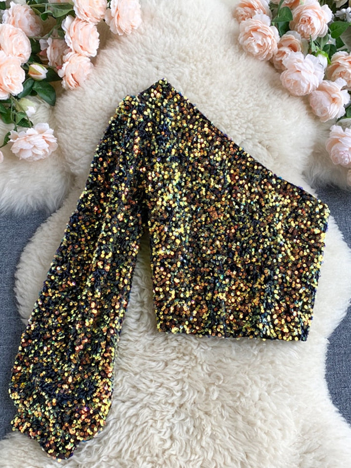 Long Sleeve Crop Sparkly Sequin Top - Blue-Gold