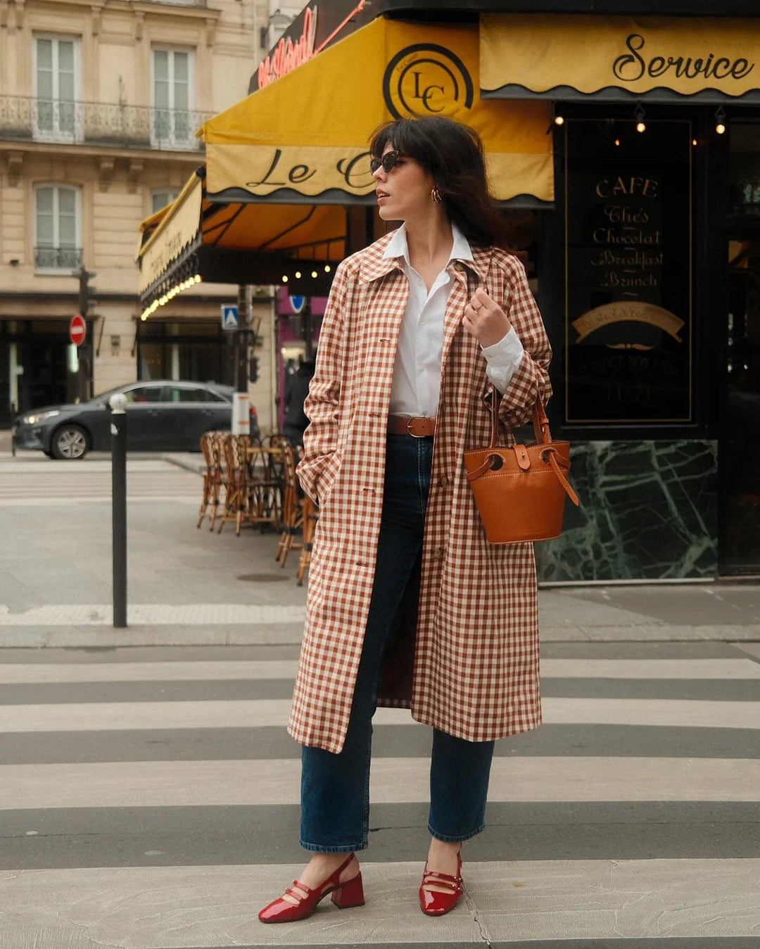 Women's Long Single-Breasted Gingham Trench Coat