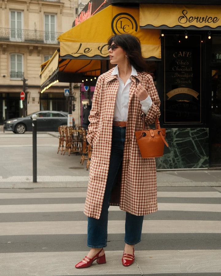 Women's Long Single-Breasted Gingham Trench Coat