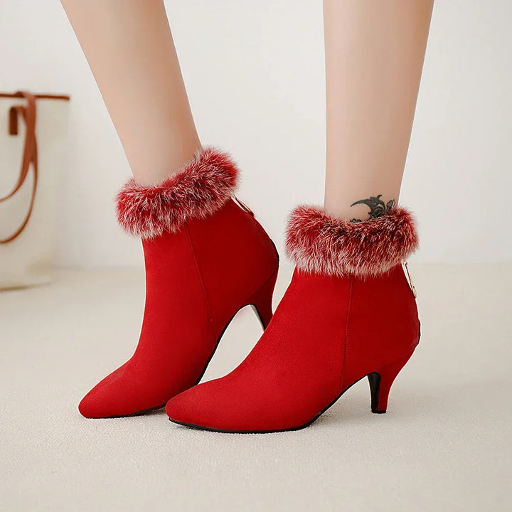 Women's Suede Fur-Trim Kitten Heel Boots - Red