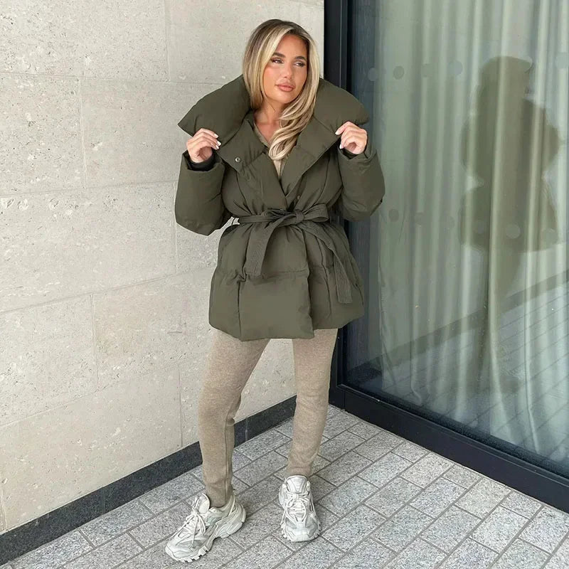 Women's Casual Quilted Puffer Winter Jacket - Dark Green