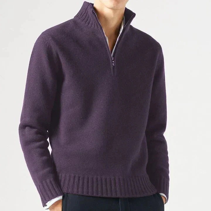 Men's Wool Knit Quarter Zip Sweater - Purple