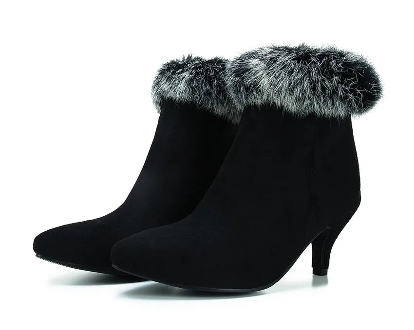 Women's Suede Fur-Trim Kitten Heel Boots - Black