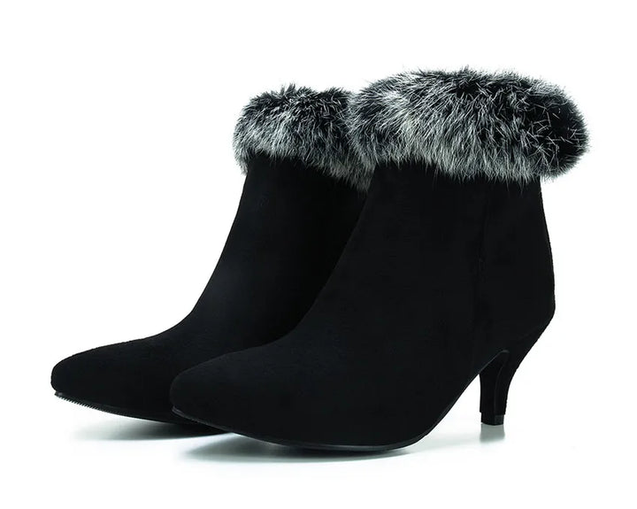 Women's Suede Fur-Trim Kitten Heel Boots - Black