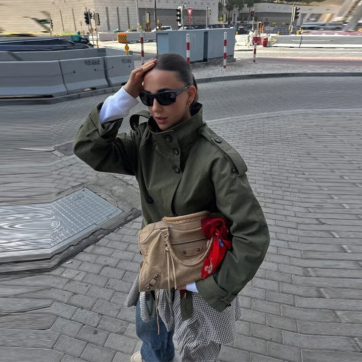Women's Cropped Stand Collar Trench Coat