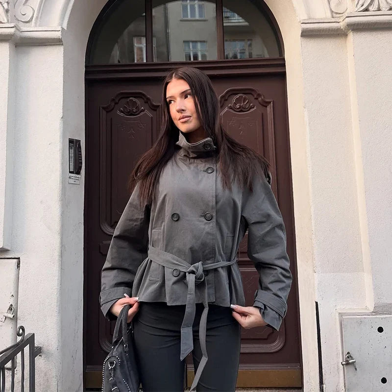 Women's Cropped Stand Collar Trench Coat