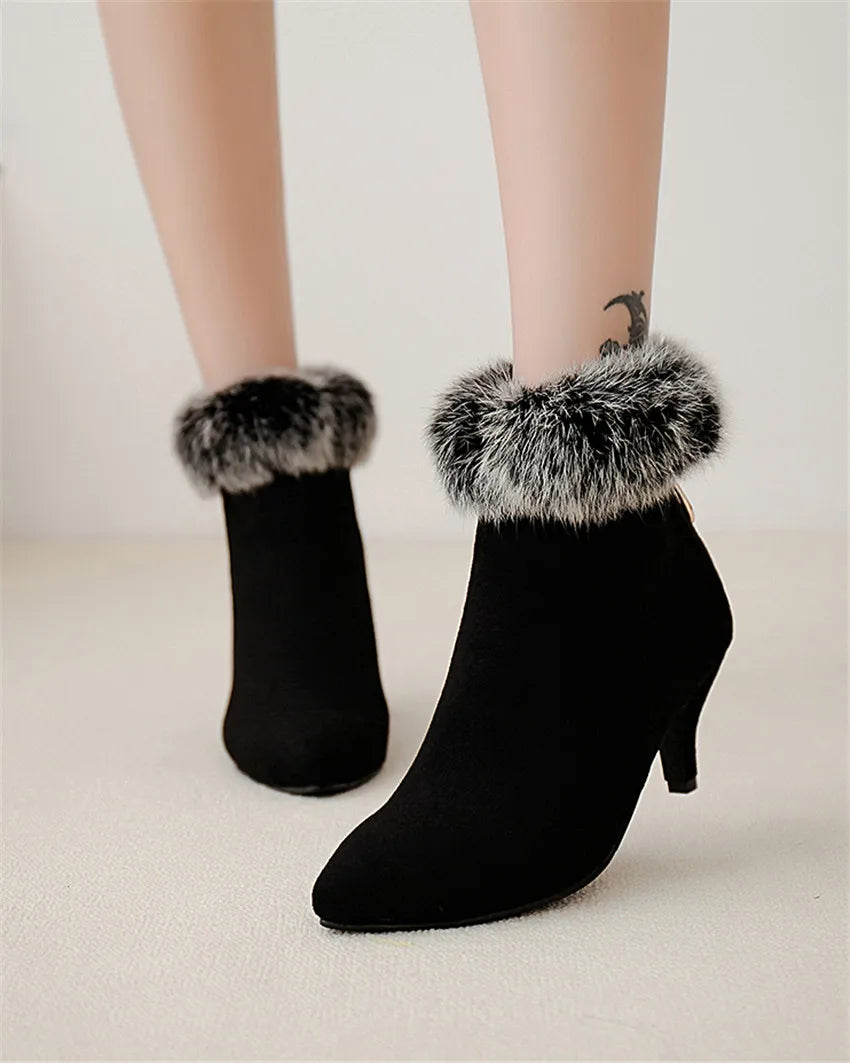 Women's Suede Fur-Trim Kitten Heel Boots