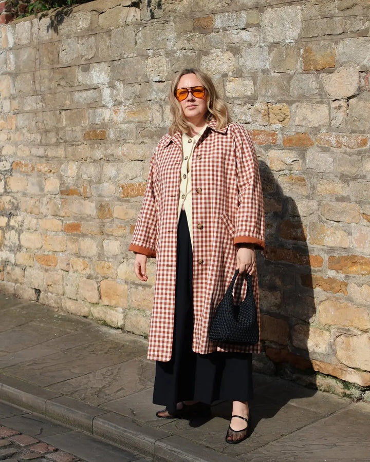 Women's Long Single-Breasted Gingham Trench Coat