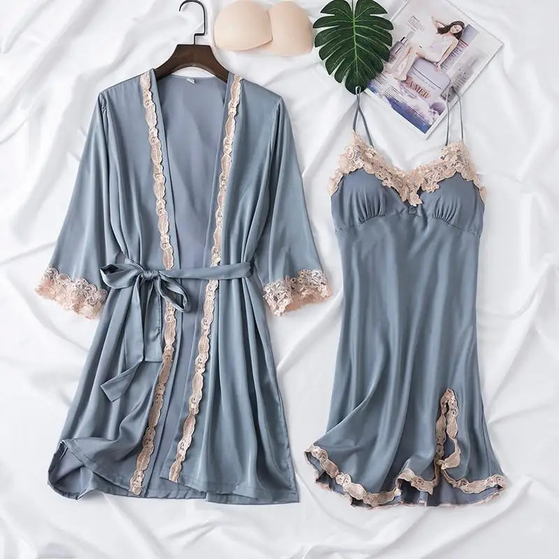 Women's Elegant Satin Silk Breathable Robe Set