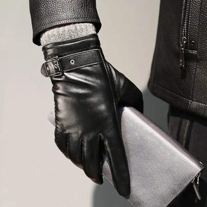 Men's Chic Warm Winter Leather Gloves - Black