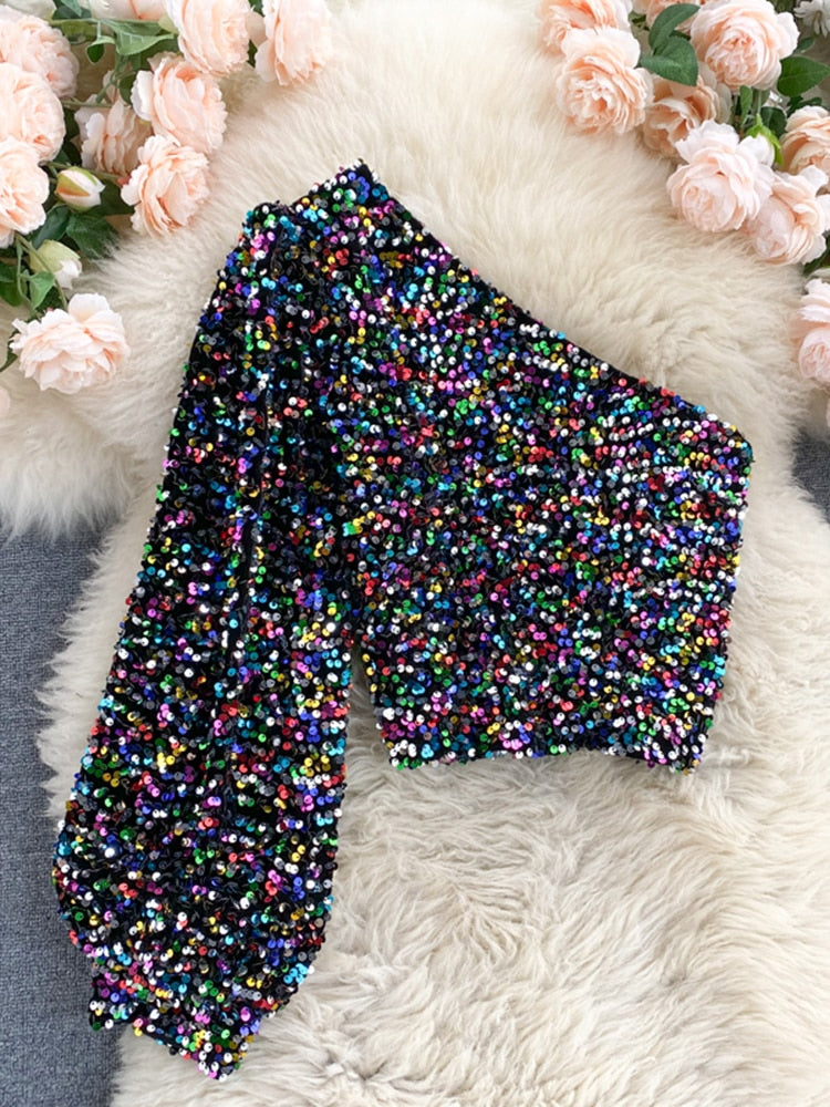 Long Sleeve Crop Sparkly Sequin Top - Blue-Gold - Blue Mix