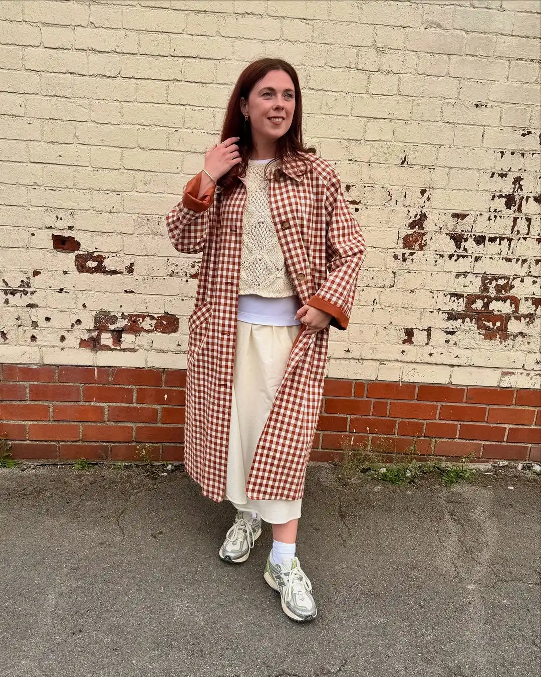Women's Long Single-Breasted Gingham Trench Coat