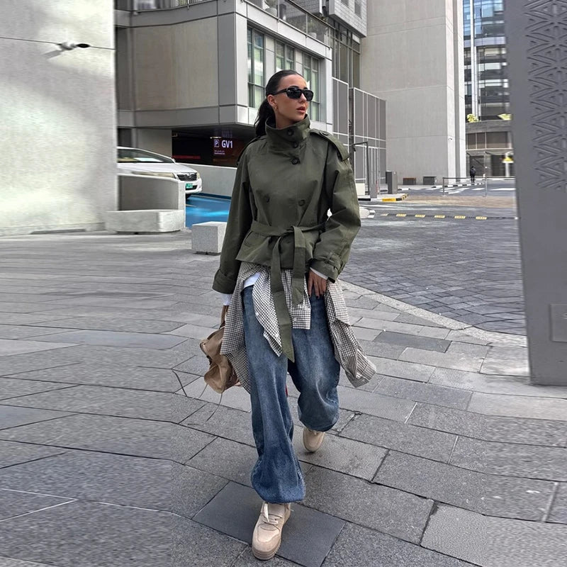 Women's Cropped Stand Collar Trench Coat