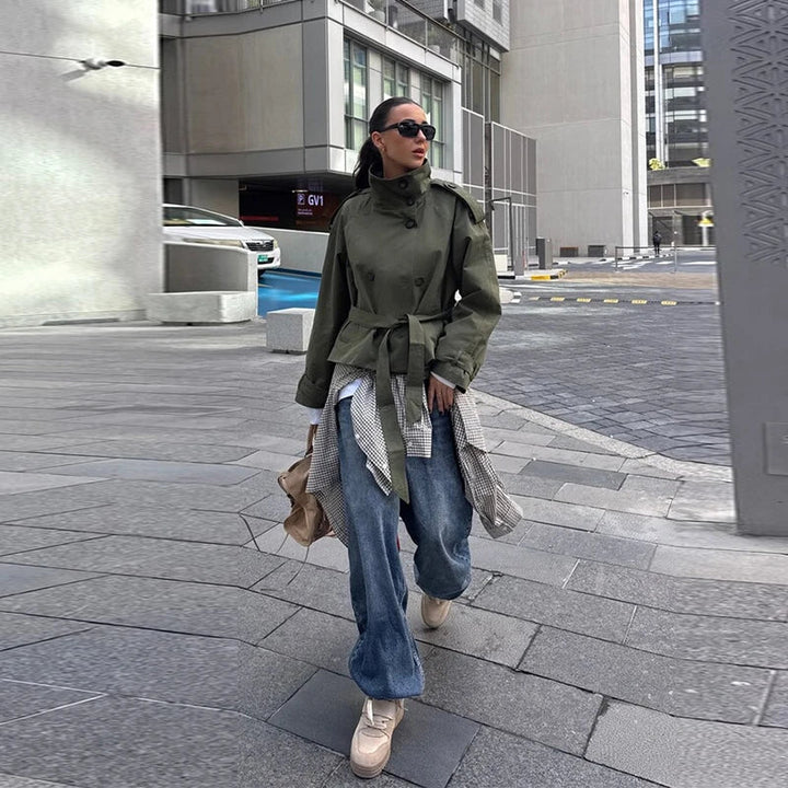 Women's Cropped Stand Collar Trench Coat