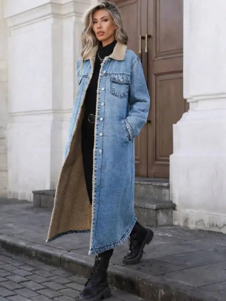 Women's Long Fleece Lined Denim Coat