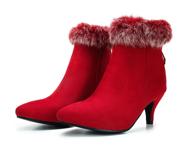 Women's Suede Fur-Trim Kitten Heel Boots - Red