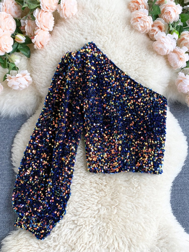 Long Sleeve Crop Sparkly Sequin Top - Blue-Gold
