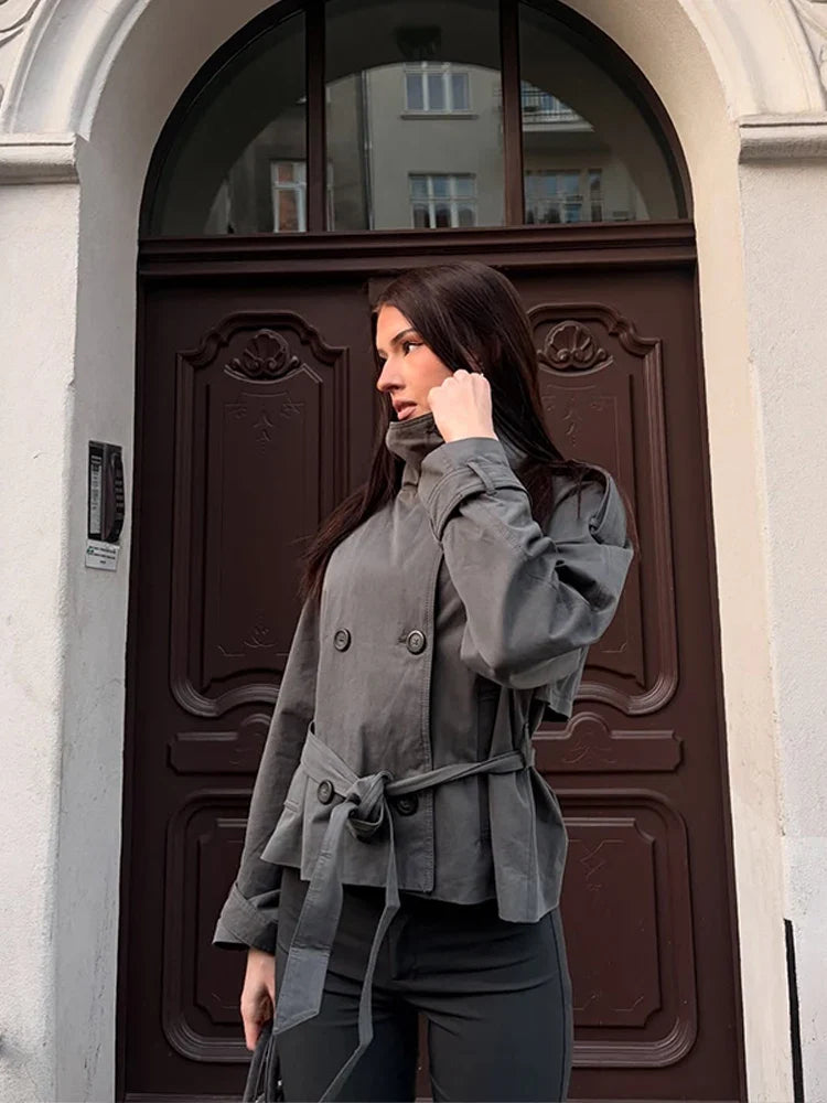 Women's Cropped Stand Collar Trench Coat