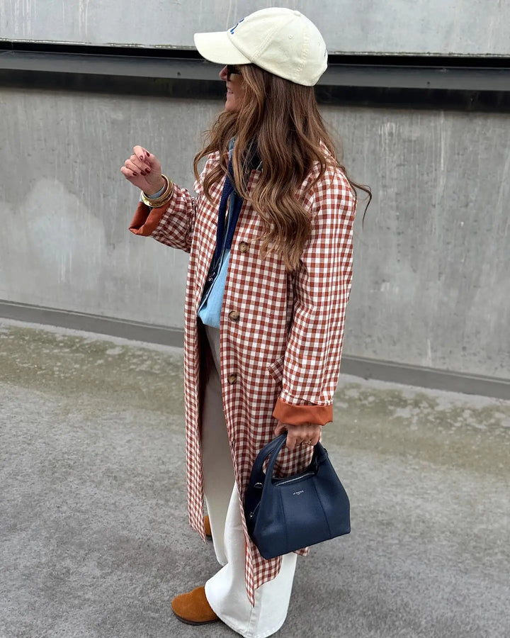 Women's Long Single-Breasted Gingham Trench Coat