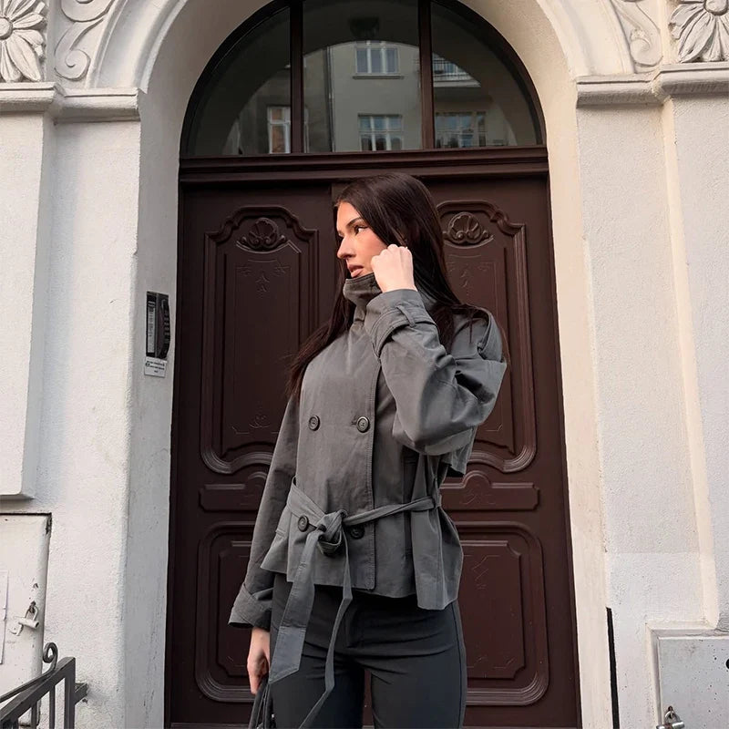 Women's Cropped Stand Collar Trench Coat