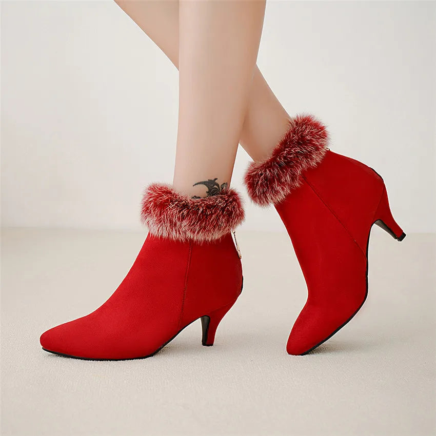 Women's Suede Fur-Trim Kitten Heel Boots