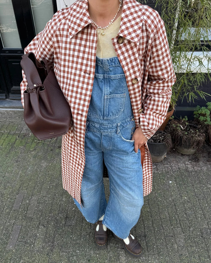 Women's Long Single-Breasted Gingham Trench Coat