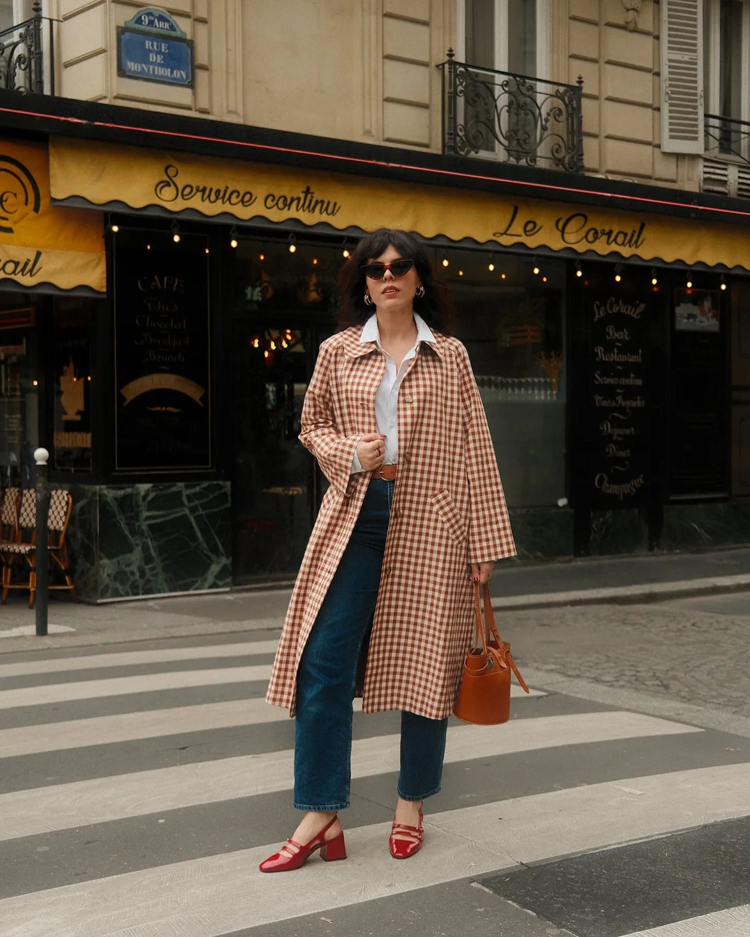 Women's Long Single-Breasted Gingham Trench Coat