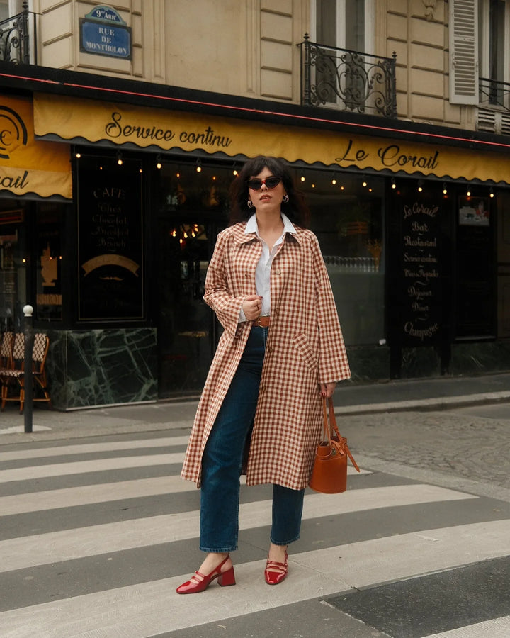 Women's Long Single-Breasted Gingham Trench Coat