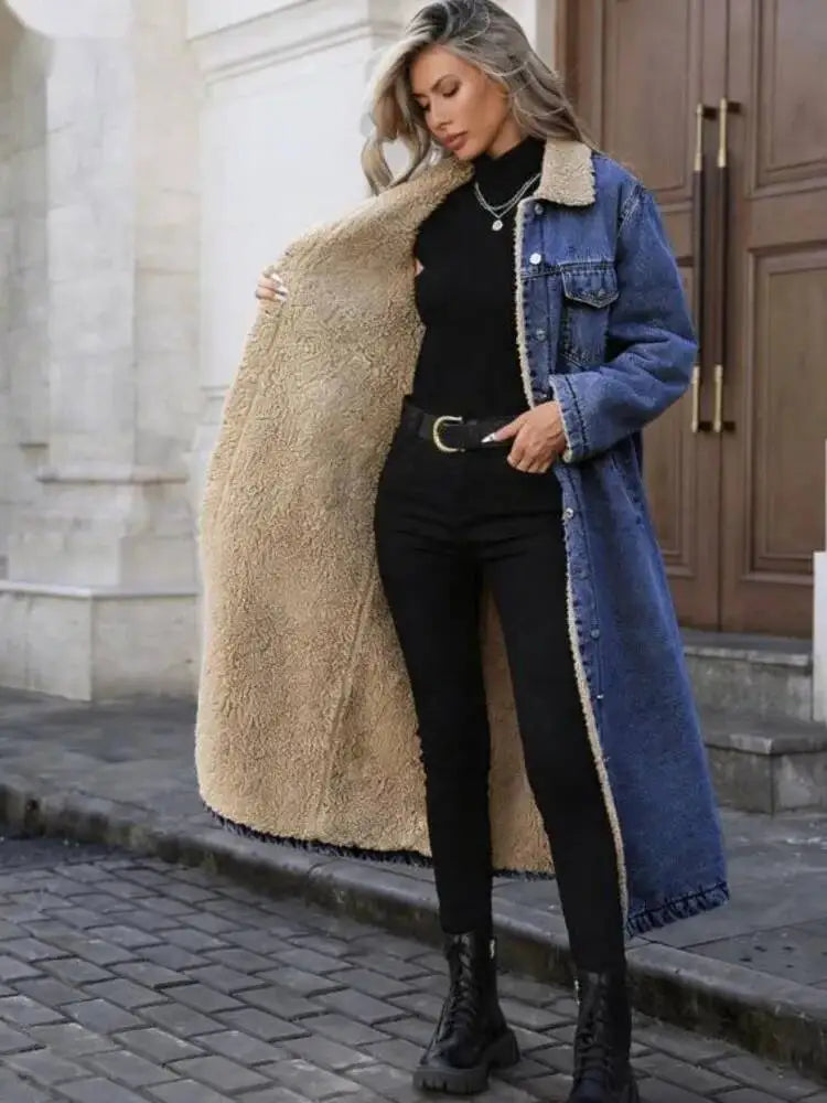 Women's Long Fleece Lined Denim Coat