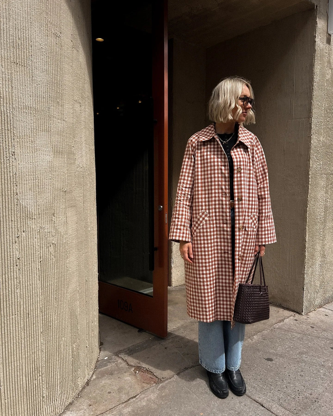 Women's Long Single-Breasted Gingham Trench Coat
