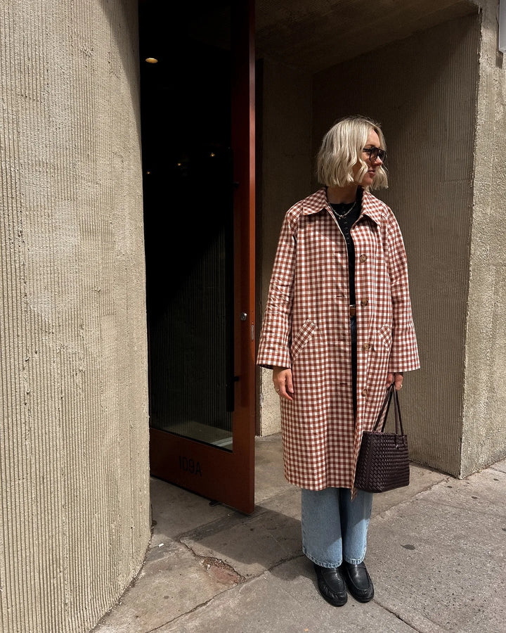 Women's Long Single-Breasted Gingham Trench Coat