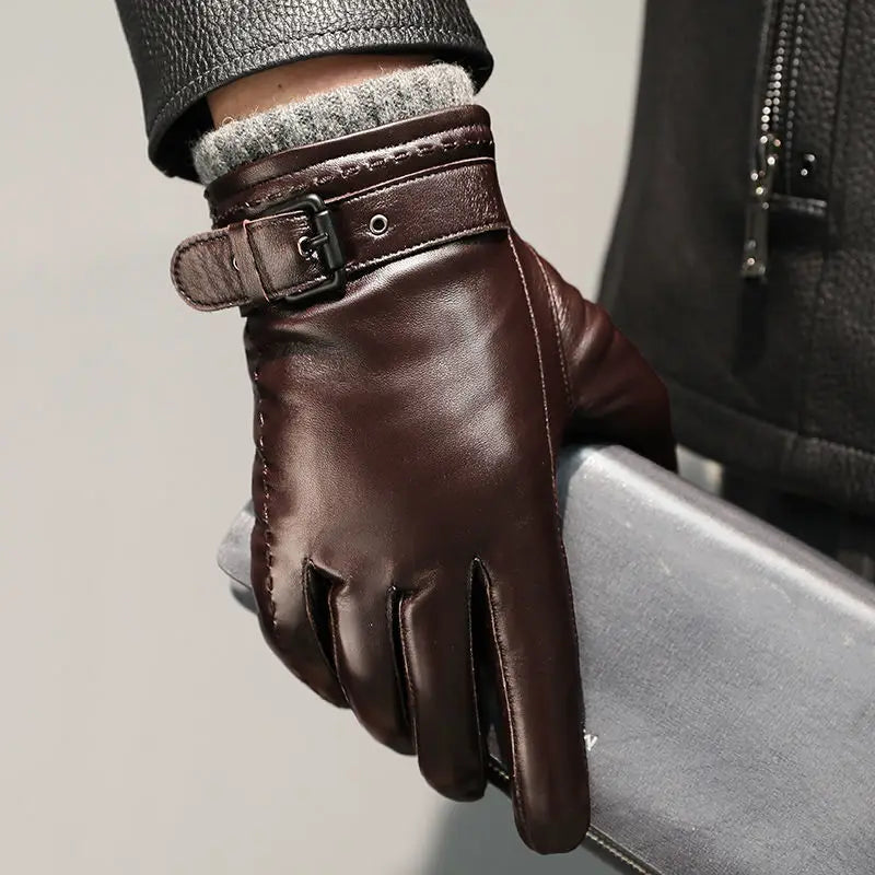 Men's Chic Warm Winter Leather Gloves - Brown