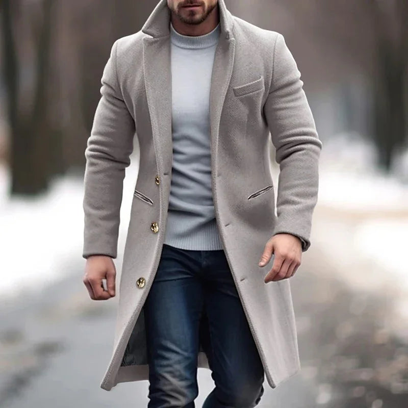 Men's Fitted Wool Long Peacoat - Grey