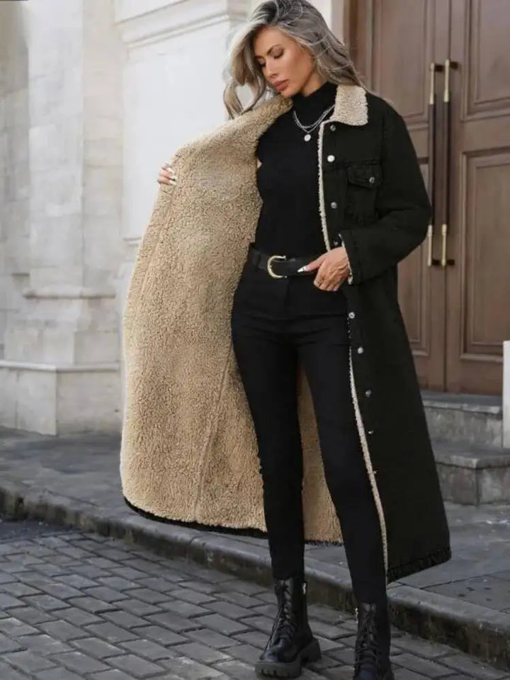 Women's Long Fleece Lined Denim Coat