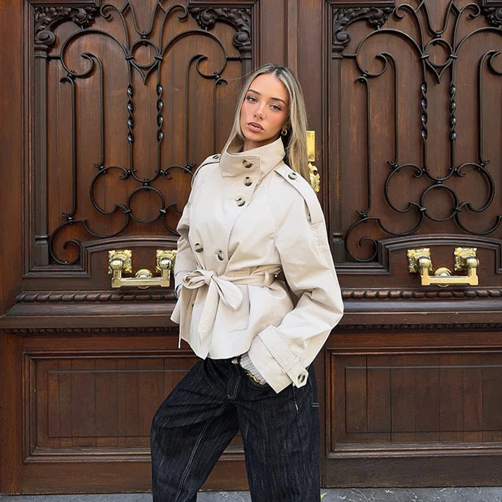 Women's Cropped Stand Collar Trench Coat