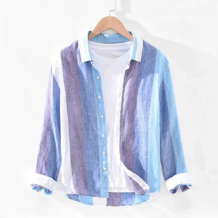 Striped Button-Up Shirt | Lightweight Linen Blend with Rolled Sleeves