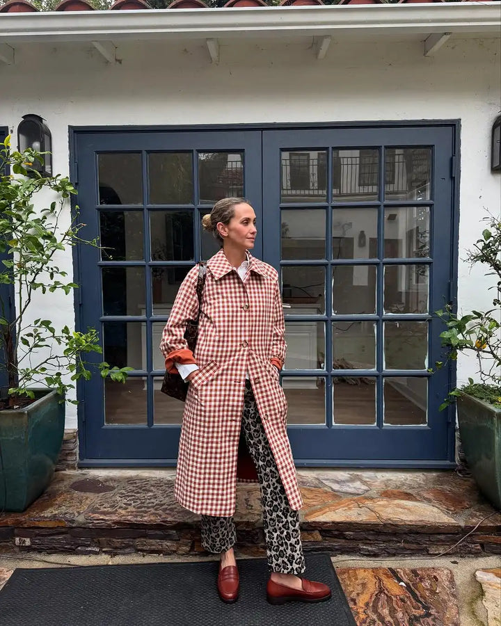 Women's Long Single-Breasted Gingham Trench Coat