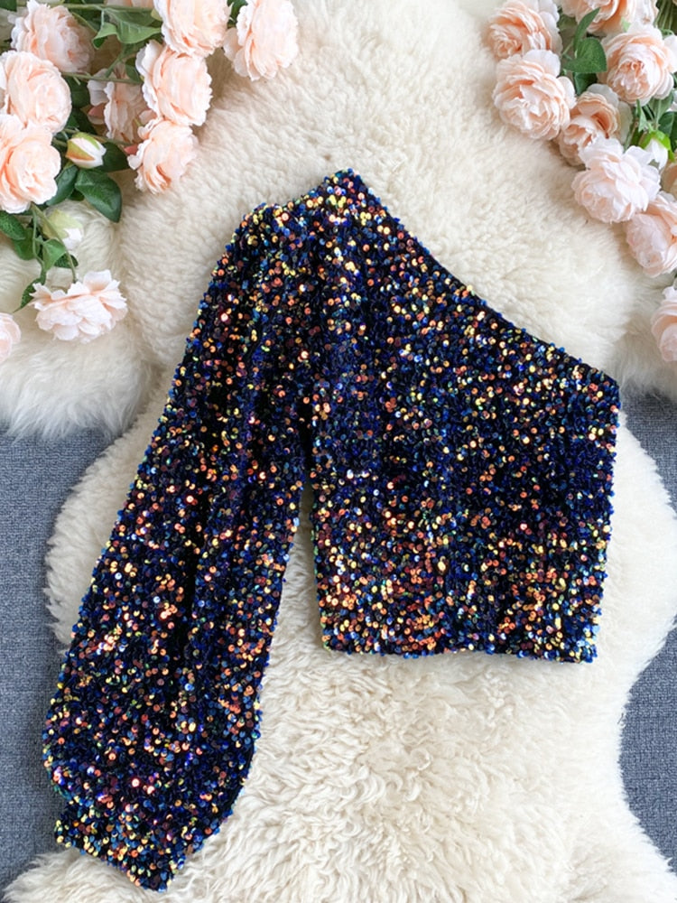 Long Sleeve Crop Sparkly Sequin Top - Blue-Gold - Blue-Gold