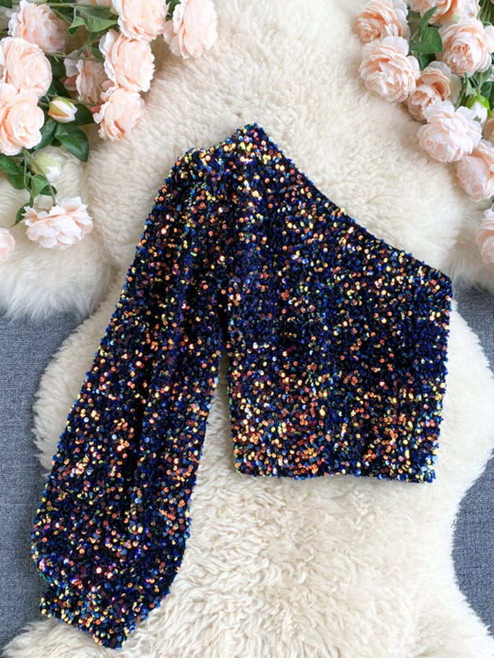 Long Sleeve Crop Sparkly Sequin Top - Blue-Gold - Blue-Gold